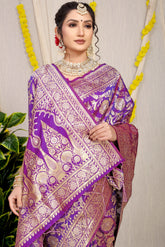 Stunning Purple Golden Zari Worked Heavy Banarasi Saree
